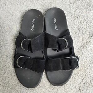 Vionic Corlee Black Suede Leather Adjustable Buckle Slide Sandals‎ US 8.5 EU 40